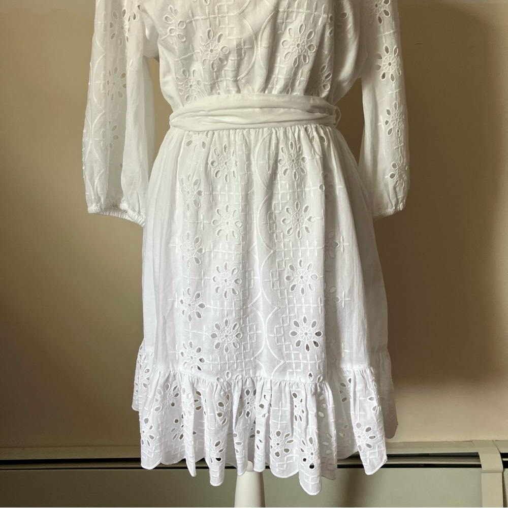J.Crew White Eyelet Mini Dress | Belted Cotton | Cottagecore Summer size Small - Picture 4 of 12